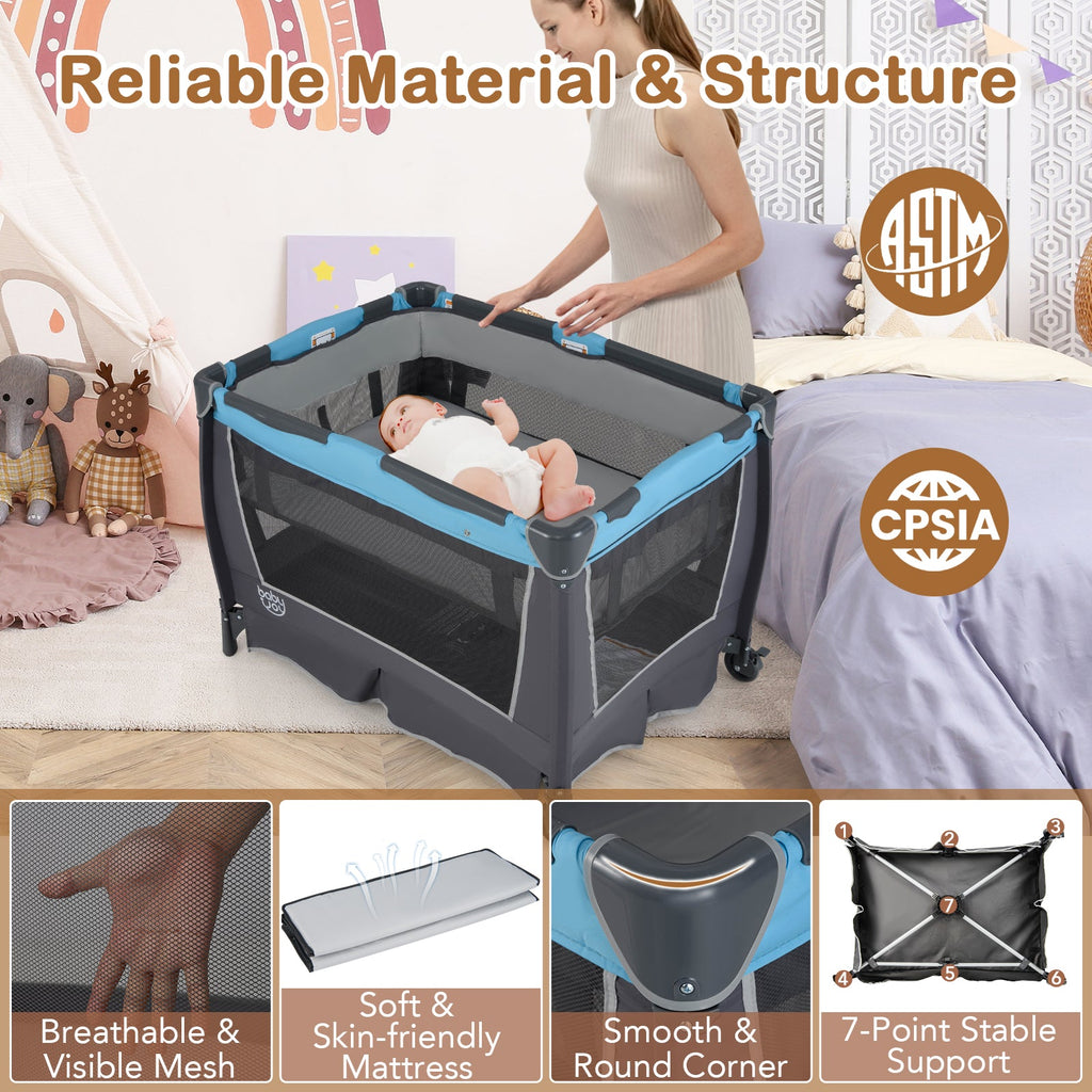 4-in-1 Convertible Portable Baby Play yard with Toys and Music Player-Blue