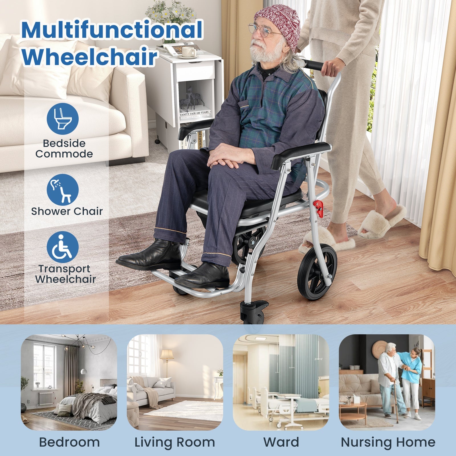 4-in-1 Foldable Bedside Commode Chair with Brakes and Bucket and Footrest