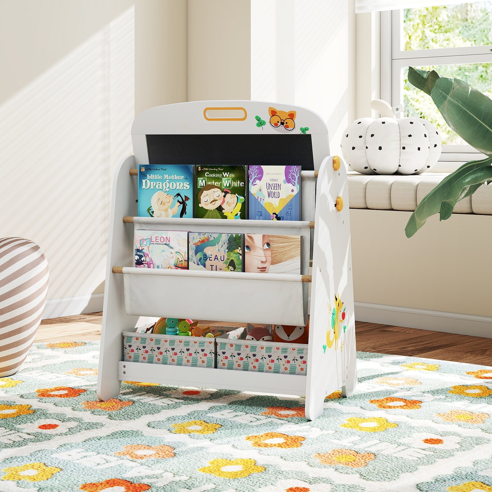 4-in-1 Kids Table and Chair Set Art Easel with Magnetic Whiteboard and Bookshelf-Natural