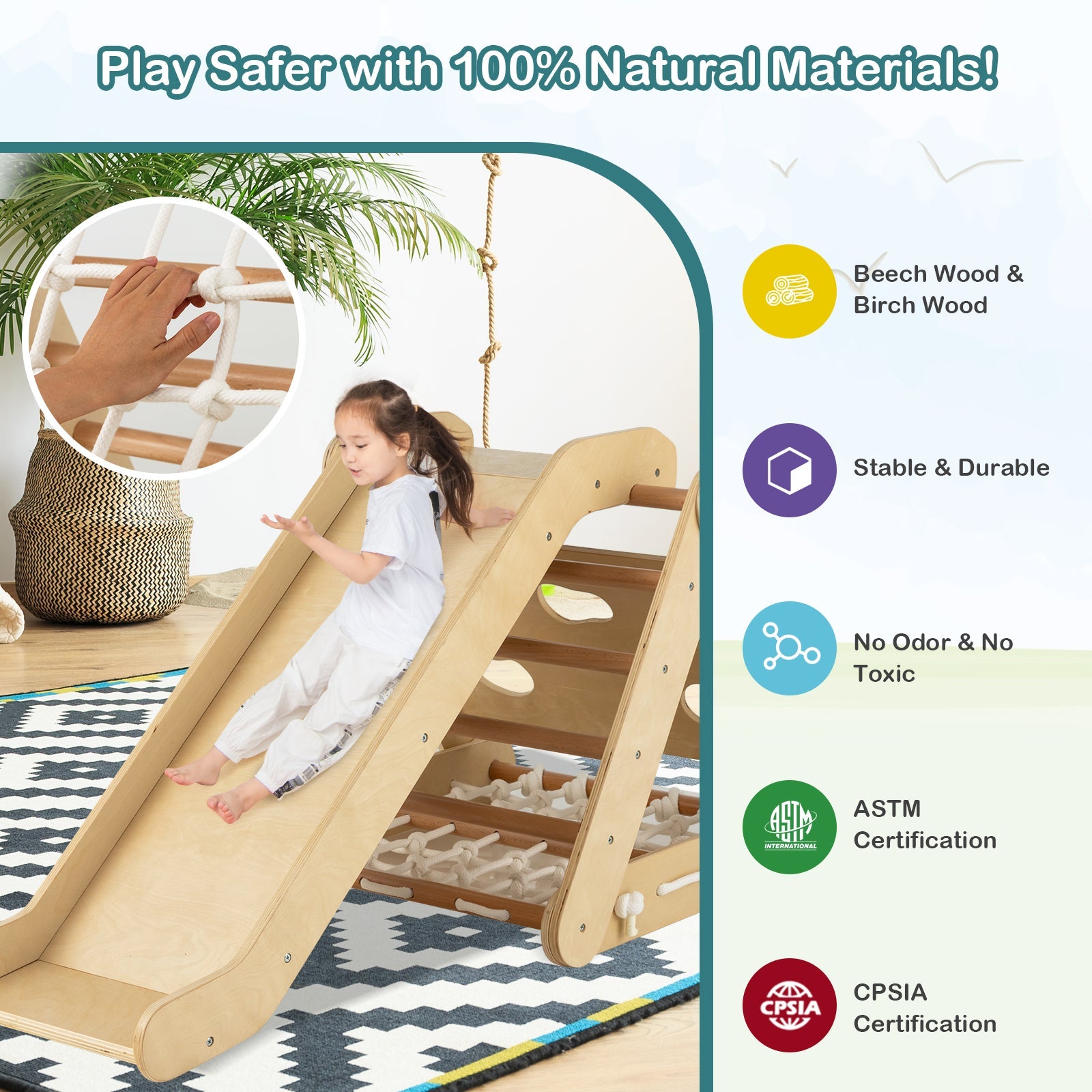 4 in 1 Triangle Climber Toy with Sliding Board and Climbing Net
