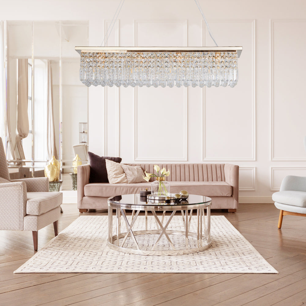 39.4" Rectangle Crystal Raindrop Chandelier | 8-Light Modern Pendant for Dining Room & Kitchen Island — Chrome or Gold, E12