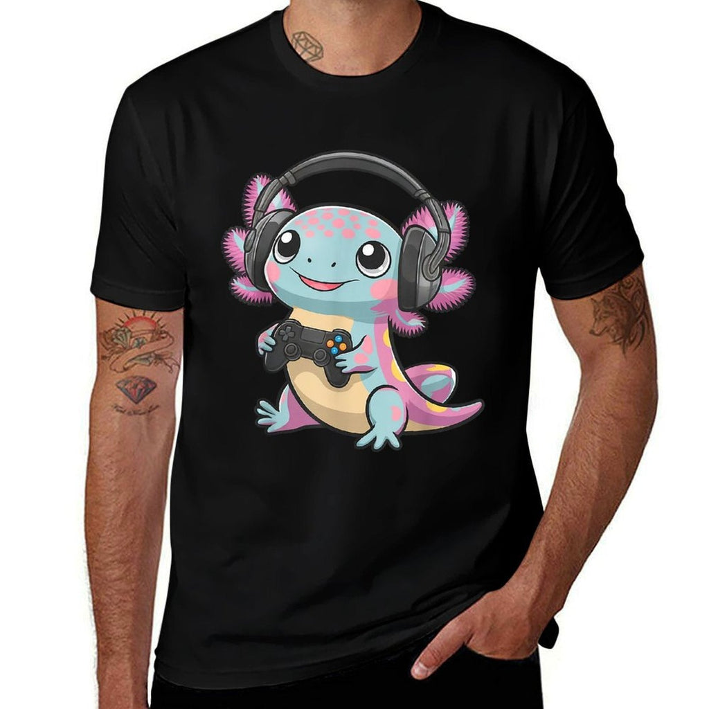 Cute Axolotl Playing Video Games Funny Gaming Axolotl  Rolled Sleeves T-Shirt