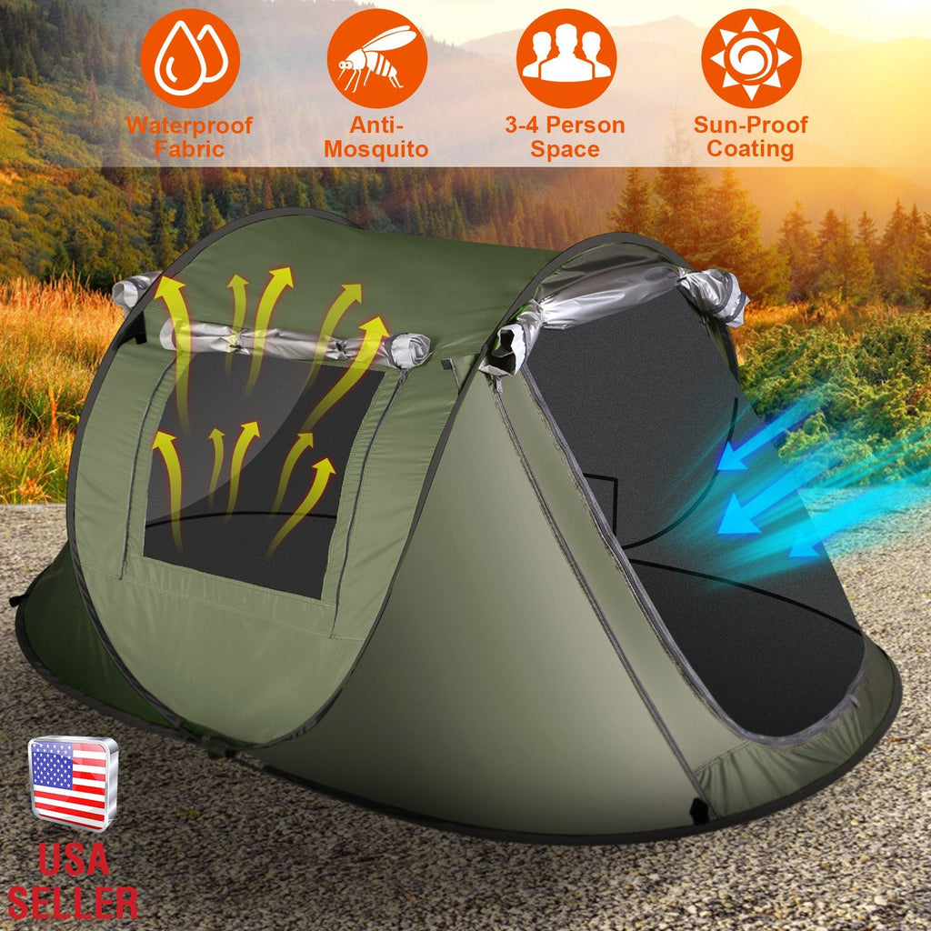 3-4 Person Pop Up Tent Automatic Setup Camping Tent Waterproof Instant Setup Tent with 2 Mosquito Net Windows Carrying Bag for Hiking Climbing Adventu