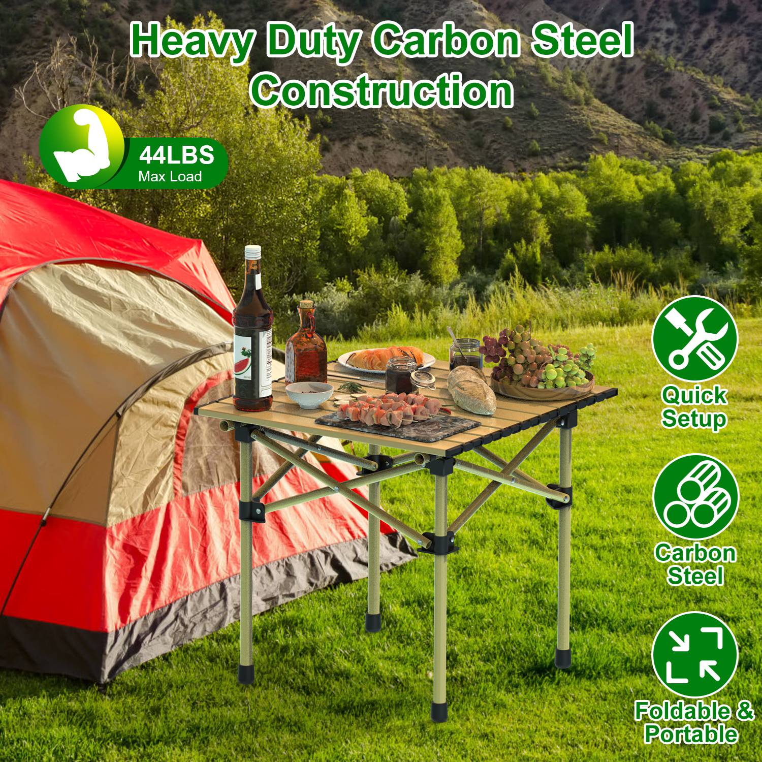 Folding Camping Table Portable Lightweight Carbon Steel Roll-up Picnic BBQ Desk with Carry Bag Heavy Duty for Outdoor Beach Backyard Party Patio Campi