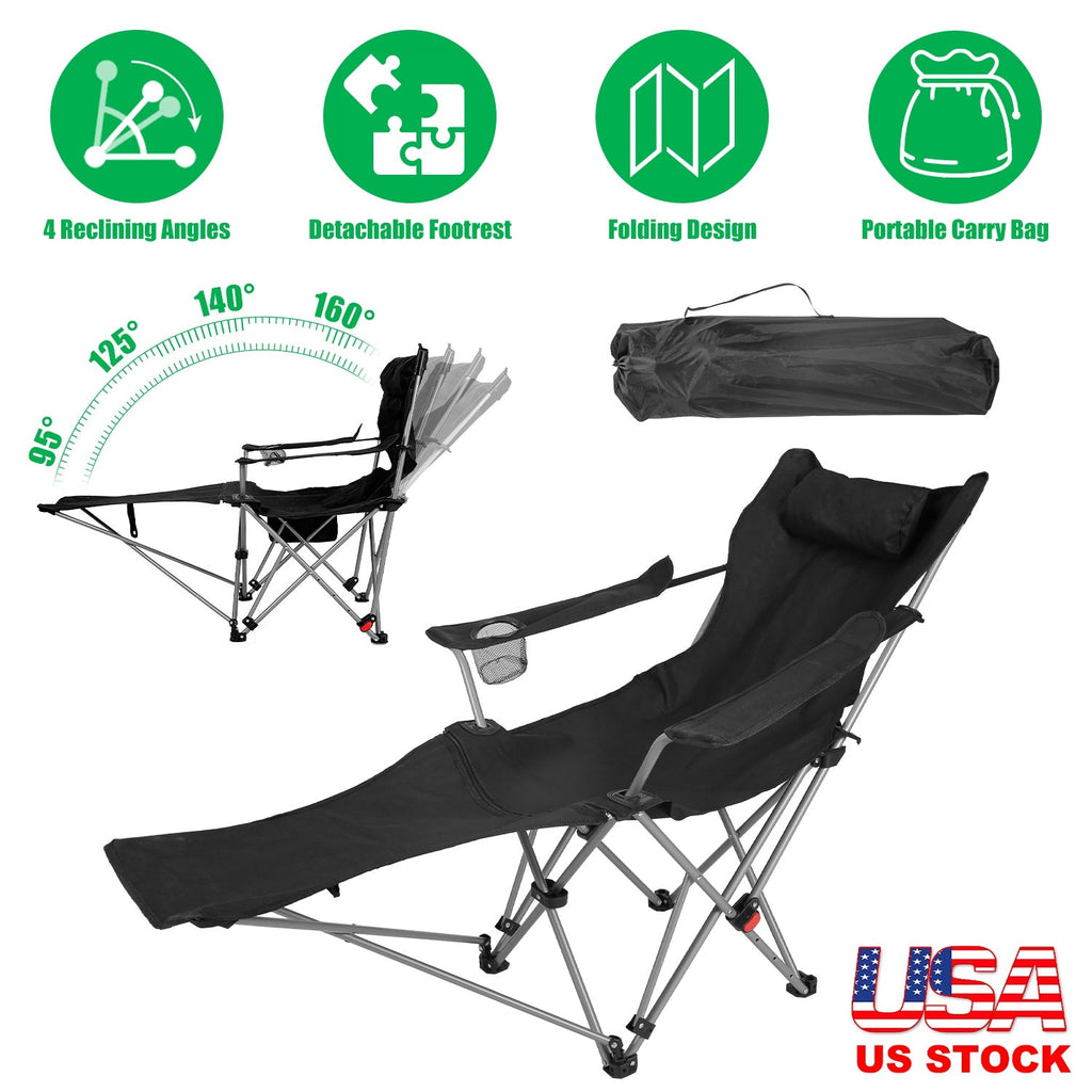 Reclining Camping Chair with Footrest 4-Position Adjustable Outdoor Folding Chair Heavy Duty Portable Camping Lounge Chair with Headrest Cup Holder &