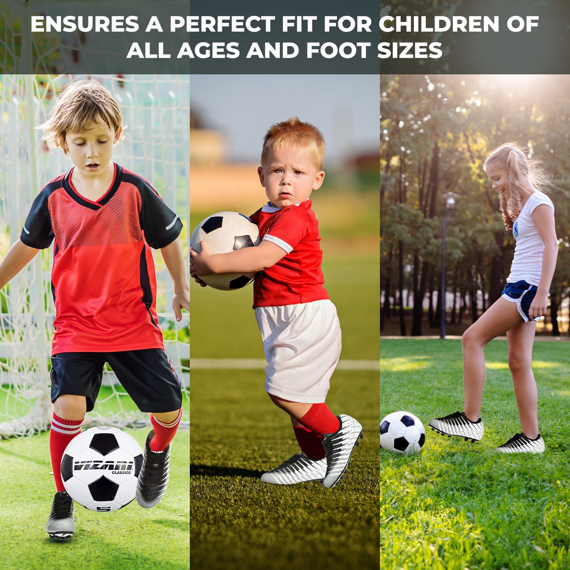 Kids Firm Ground Soccer Cleats – Black/White/Silver
