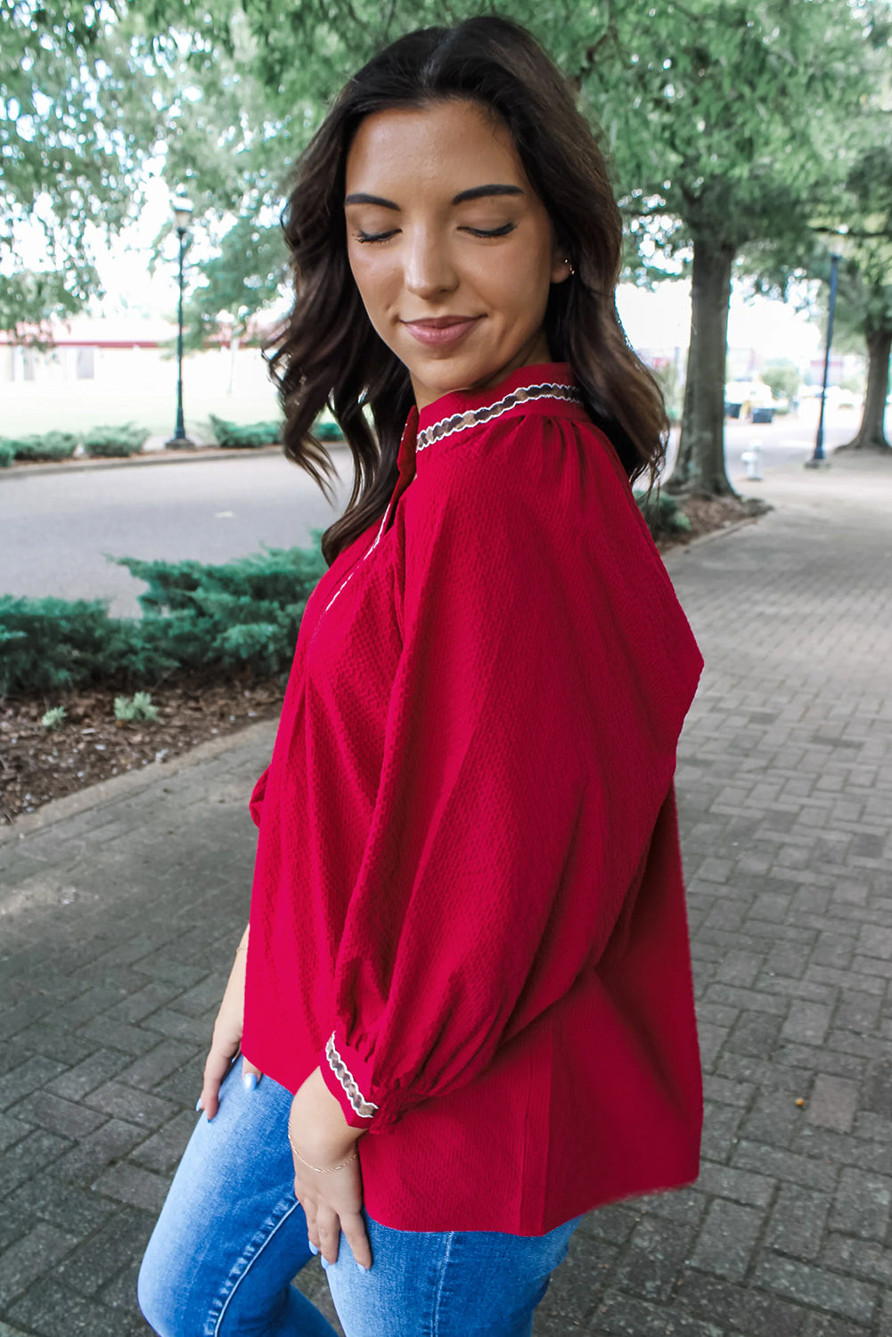 Racing Red Leopard Jacquard Print V Neck Textured Blouse