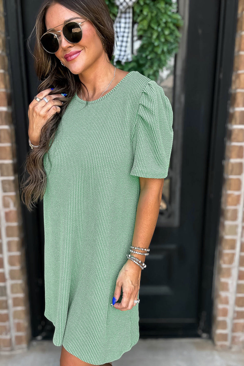 Bright Pink Corded Crew Neck Puff Sleeve Mini Dress
