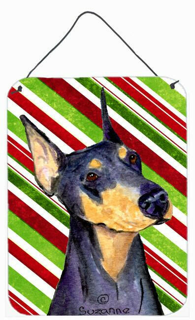 Doberman Candy Cane Holiday Christmas Wall or Door Hanging Prints Aluminum Metal Sign Kitchen Wall Bar Bathroom Plaque Home Decor Front Door Plaque, 12x16, Multicolor
