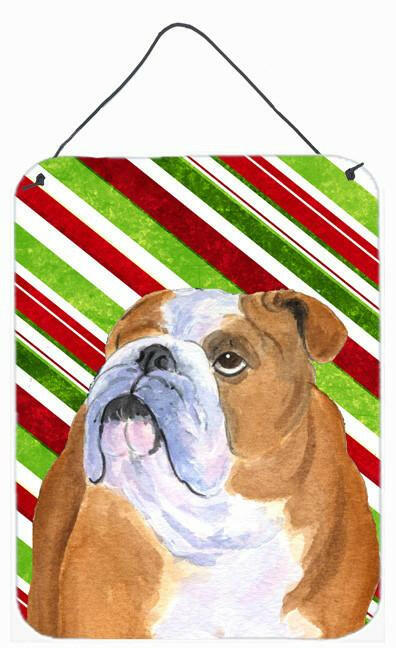 Bulldog English Candy Cane Holiday Christmas Wall or Door Hanging Prints Aluminum Metal Sign Kitchen Wall Bar Bathroom Plaque Home Decor Front Door Plaque, 12x16, Multicolor