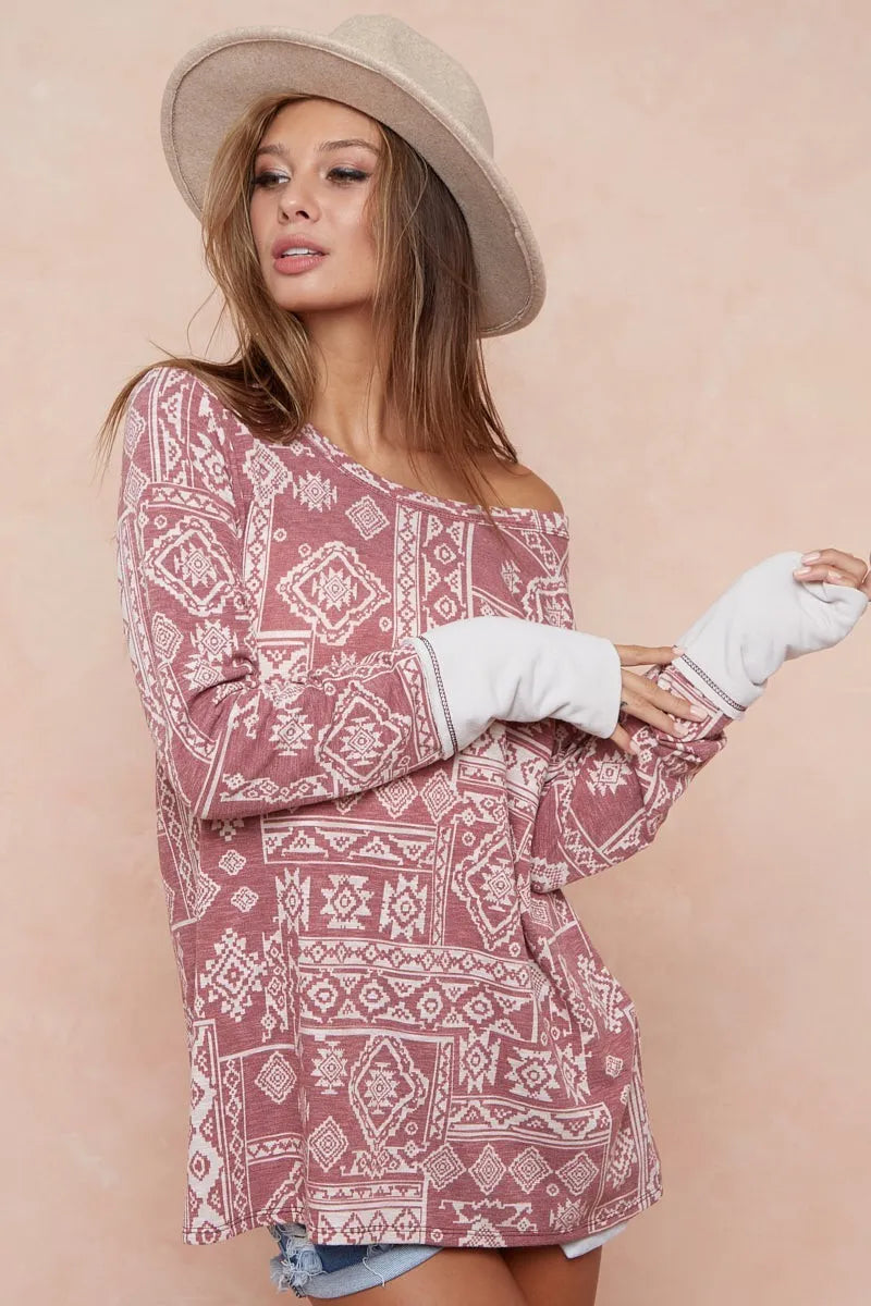 BiBi Aztec Print French Terry Top with Thumb Opening