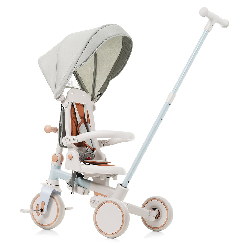 7 in 1 Baby Tricycle, Foldable Toddler Tricycle with Removable and Adjustable Parent Handle, Toddler Push Bike with Removable Pedal, Canopy, and Guardrail, Tricycle for 12-72 Months, blue