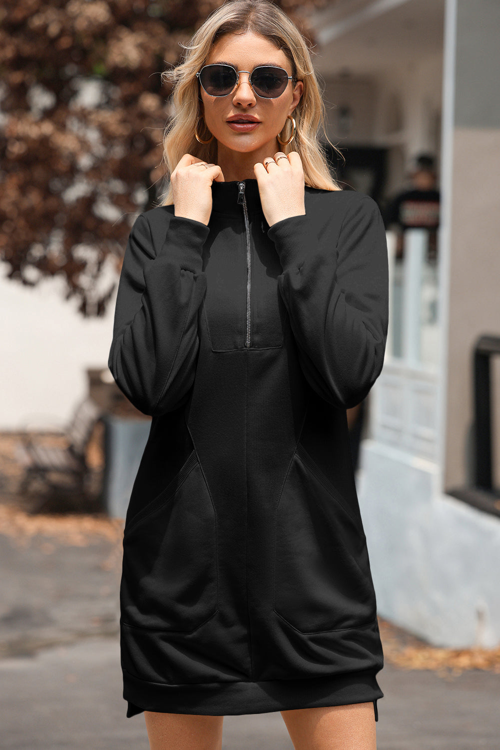 Black Zip up Collared Ribbed Patchwork Sweatshirt Dress with Pockets