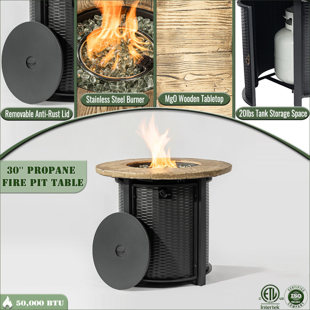 30" Propane Fire Pit Table | 50,000 BTU Round Steel Fire Pit with Wood-Grain Finish & Glass Stones