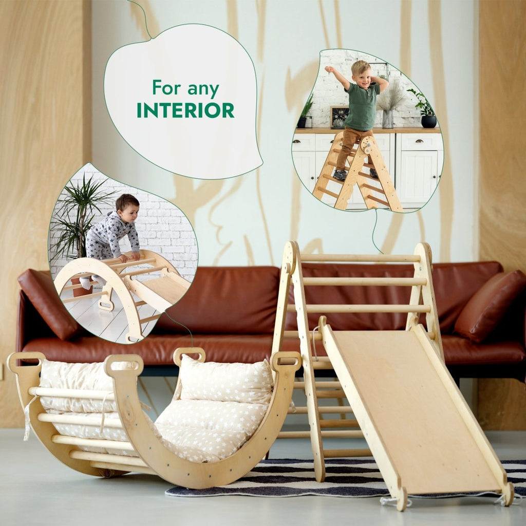4in1 Montessori Climbing Set: Triangle Ladder + Climbing Arch + Slide Board & Cushion – Beige