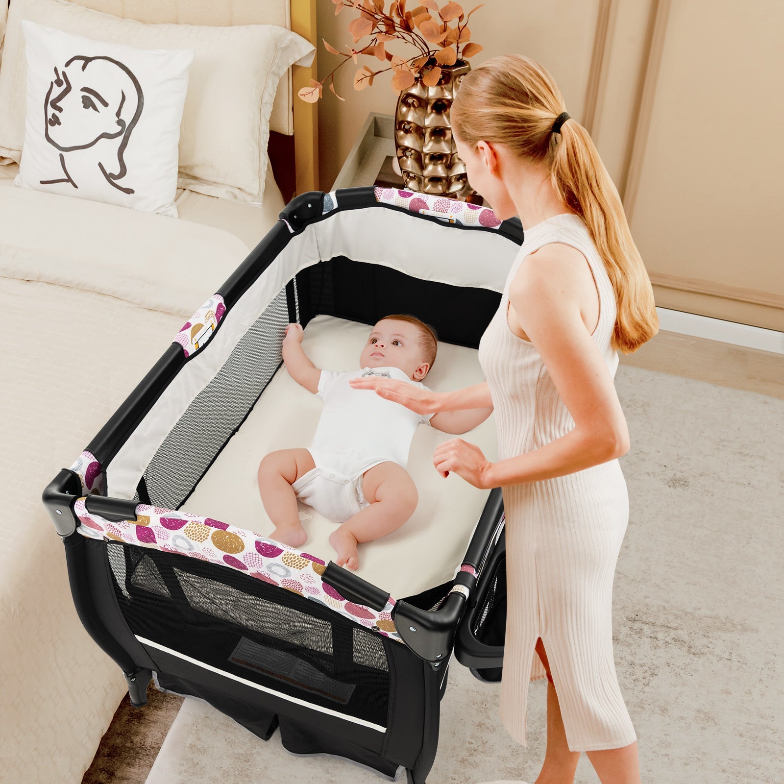 4 in 1 Portable Pack and Play Baby Nursery Center with Bassinet-Purple