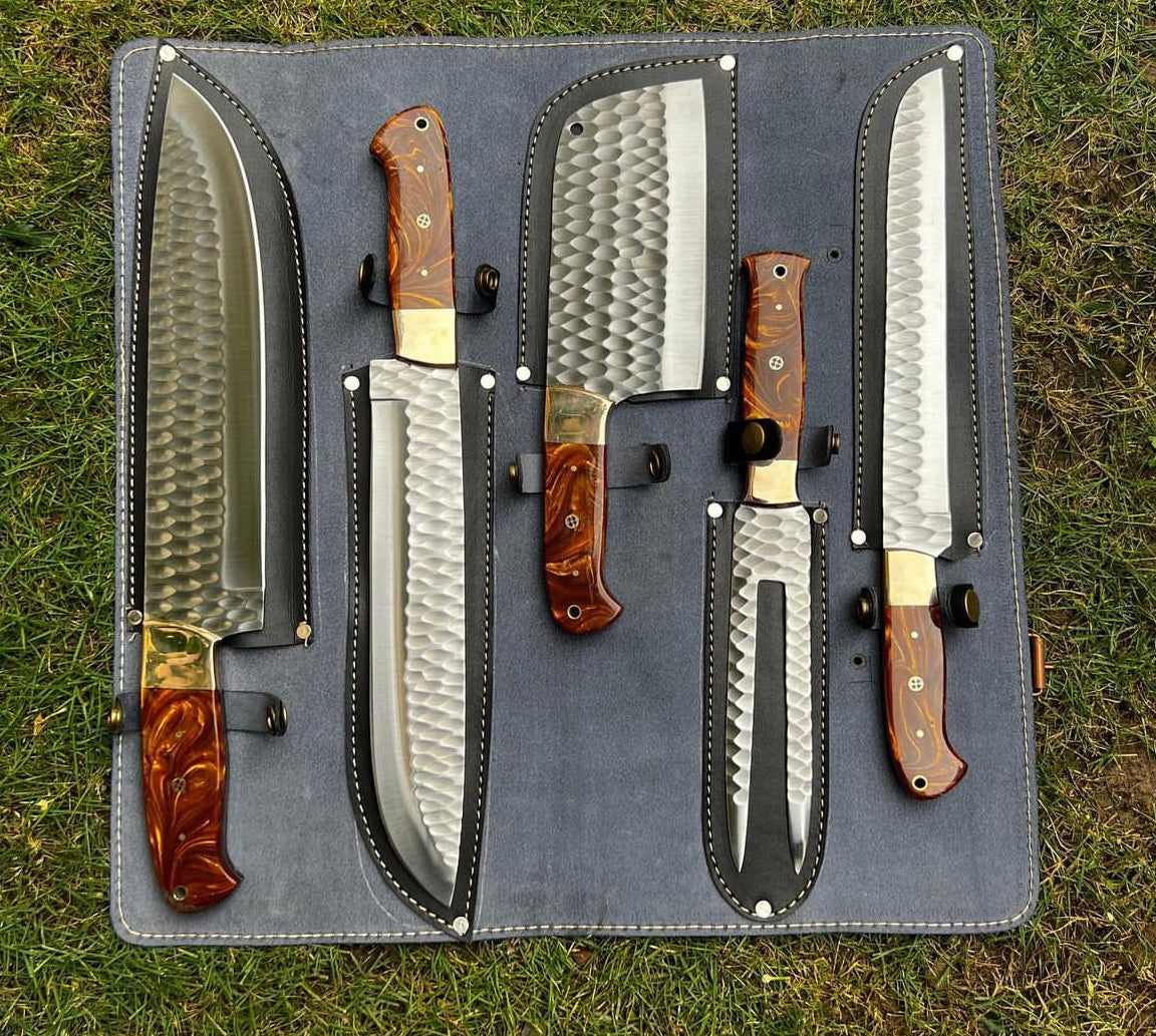 5 pieces Hand Forged kitchen chef knives & Fork set - PhishStones Products