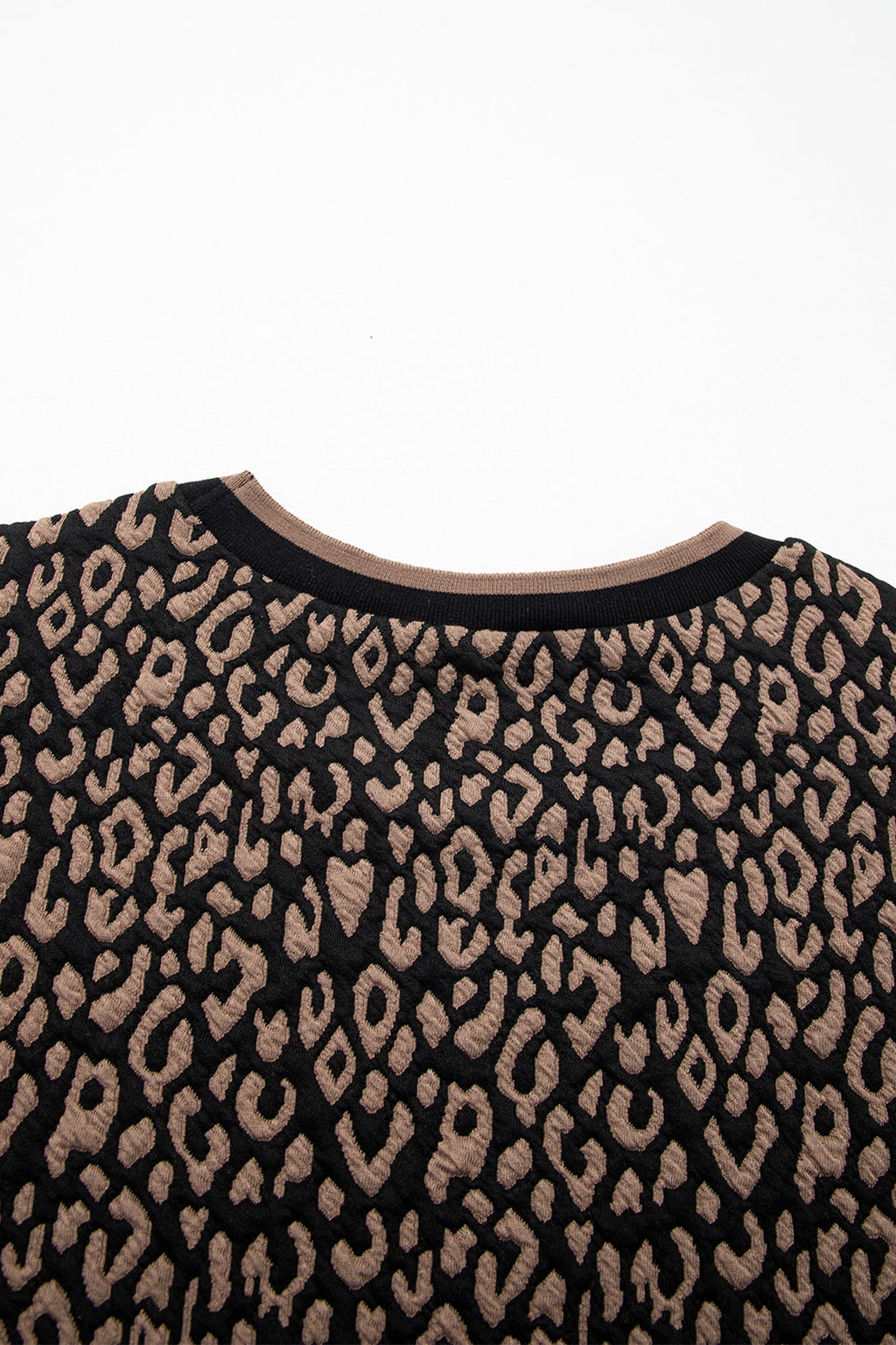 Black Leopard Print Puffy Bracelet Sleeve Contrast Trim Round Neck Top