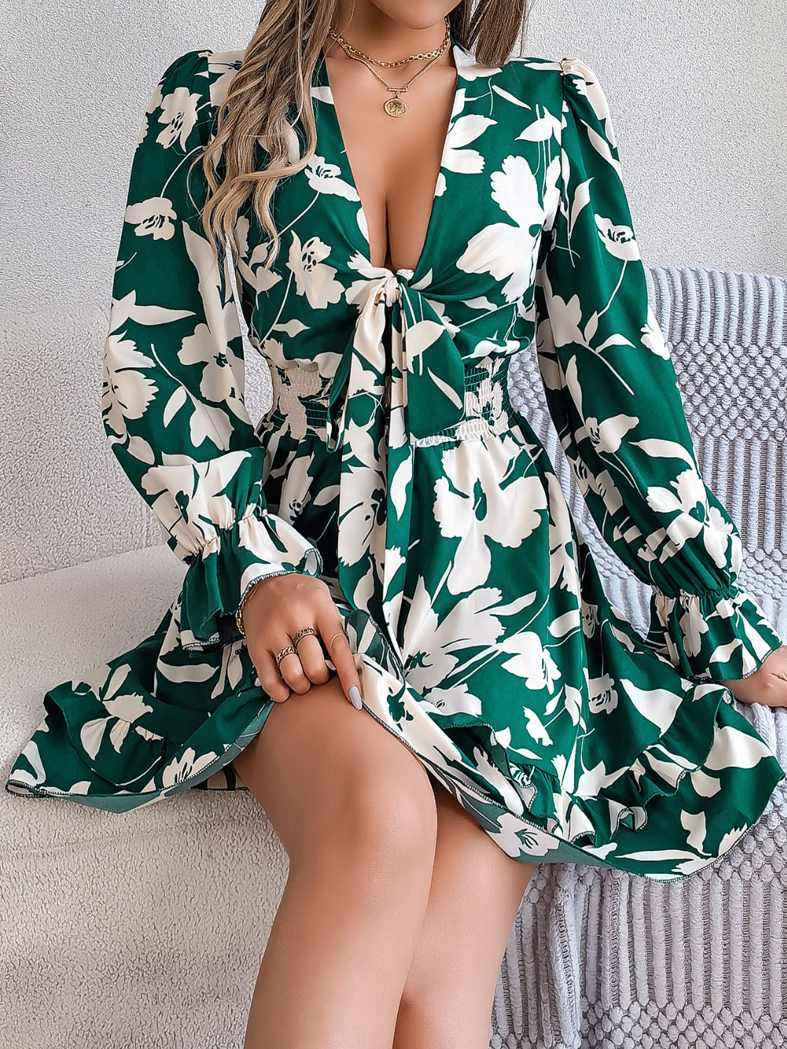 Feminine Lilac Ruffled Printed Long Sleeve Dress Summer Cute Midi Dress