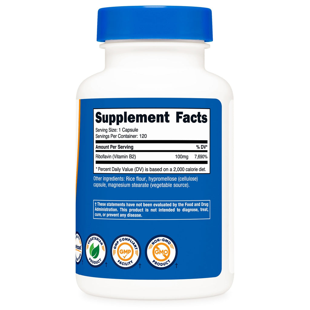 Dietary Supplement nutricost® Vitamin B2 Riboflavin Vitamin B2 100 mg Strength Capsule 120 Per Bottle NTC220101
