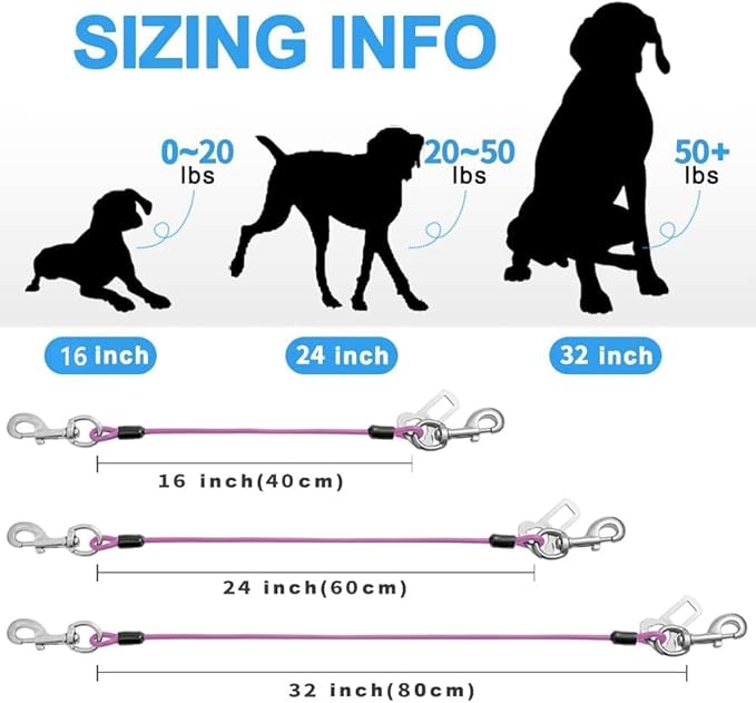 Dog Seat Belt Harness for Car,Dog Seatbelt of Coated Wire Leash Safety Restraint,No Chew Tether Cable Vehicle,Double Clips & Latch(Purple, 32 inch/80 CM)