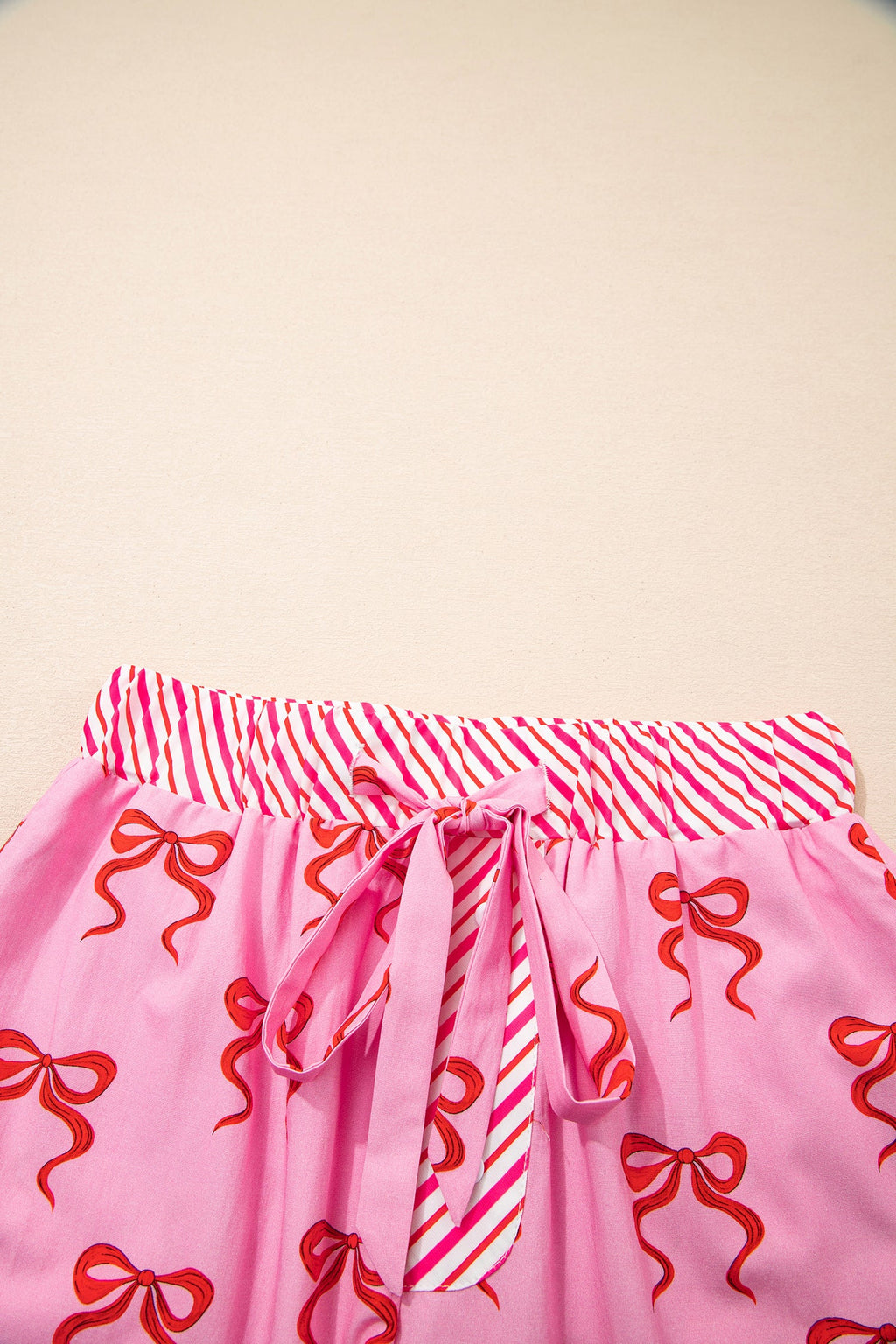 Pink Bow Print Striped Patchwork Elastic Waist Lace Trim Loose Shorts