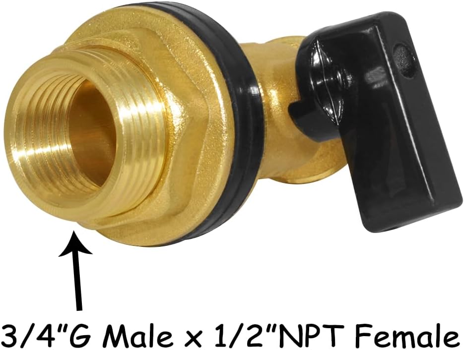 Brass Water Container Rain Barrel Faucets Spigot 3/4" G Male Thread Large Inlet to 3/4" GHT Male Thread Outlet with Quarter Turn Ball Valve Include Bulkhead Fitting and Washers 2PCS