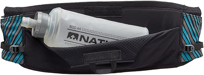 Nathan Running Belt Pinnacle Hydration Waistbelt/WaistPack. Includes Soft Flask, Storage, Zipper Pocket. For Running, Hiking Fanny Pack. No Bounce! (Black/Blue Me Away, S/M)