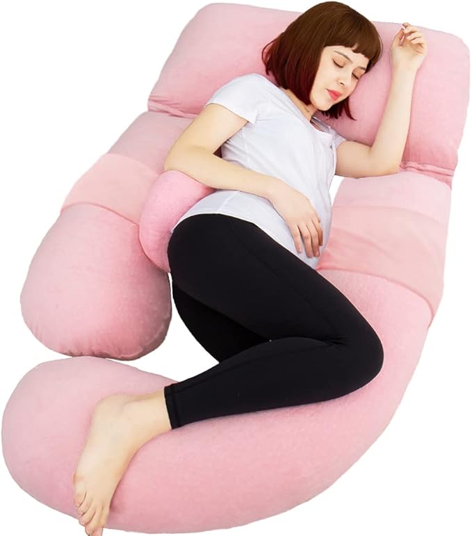 AS AWESLING 60in Full Body Pillow | Nursing, Maternity and Pregnancy Pillow | Extra Large U Shape Pillows with Detachable Side, Separate Support Pillow and Removable Cover Velvet (Light Pink)