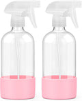 2 Pack Glass Spray Bottles with Silicone Sleeve, 16 oz Empty Refillable Containers with Adjustable Spray Nozzles, Spray Bottles for Hair, Cleaning Solutions and Plants Pink