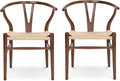 Wishbone Chair Natural Solid Wood Dining Chair/Hans Vegner Y Chair Rattan and Wood Accent Armrest Chairs (Ash Wood - Walnut 2 Chairs)