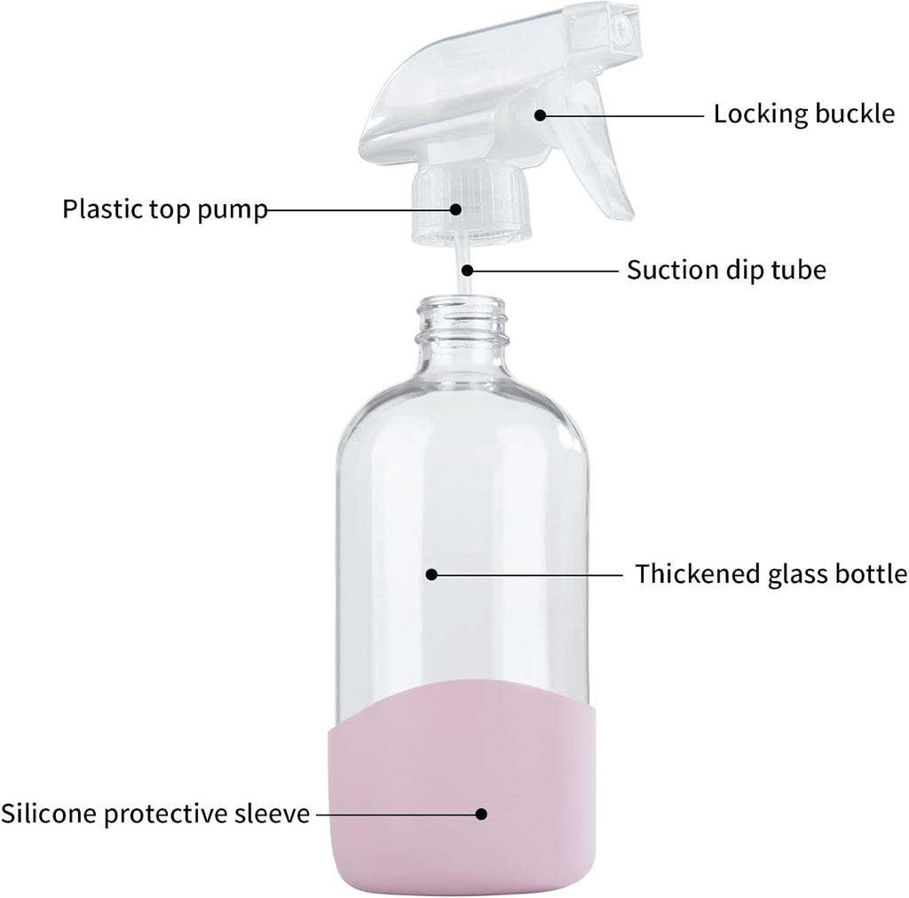 HOMBYS 8 Oz Empty Clear Glass Spray Bottles with Silicone Sleeve Protection Refillable Containers for Cleaning Solutions, Essential Oils, Misting Plants - Quality Sprayer - 3 Pack Boston Bottles