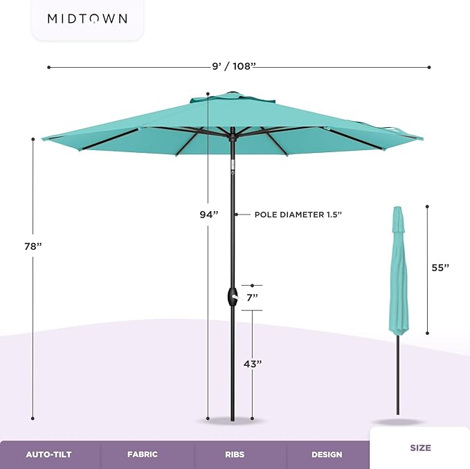 Midtown Umbrellas Sunbrella Umbrella 9 Feet Outdoor Umbrella With Black Acrylic Fabric - Auto-Tilt Aluminum Frame Patio Umbrella For Backyard, Deck, Garden, Pool - Black Pole