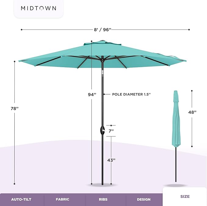 Midtown Umbrellas 10-Year-No-Fade - 8 Ft - UV Proof Purple/White Stripes Fabric - Umbrella Outdoor Patio, Auto-Tilt Aluminum Frame Patio Umbrella for Garden, Pool & Deck - Black Pole