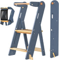 GROWNSY Foldable Step Stool Toddler Tower, Toddler Kitchen Stool Helper, Collapsible Kids Standing Learning Tower with 3 Adjustable Heights and Safety Net for Kitchen Bathroom Sink Counter (Blue Gray)