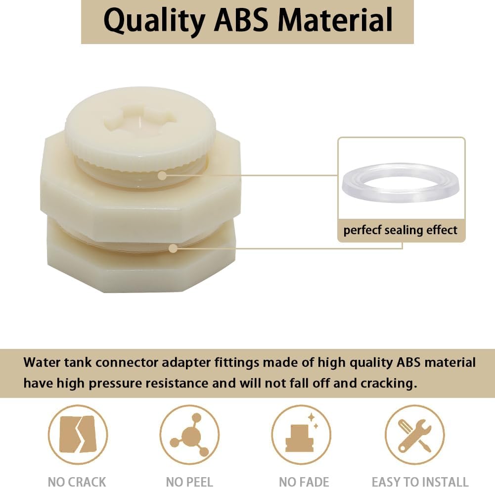 1/2" Female ABS Bulkhead Fitting, Plastic Water Tank Connector Adapter Fitting with Plugs for Outdoor rain Barrel Garden Hose Adapter Spigot kit Water Tank Gallon Drain Bucket(Set of 2)