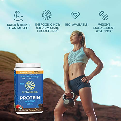 Organic Sunwarrior - Warrior Blend, Plant Based, Raw Vegan Protein Powder with Peas & Hemp, Chocolate, 30 Servings, 26.4 Ounce