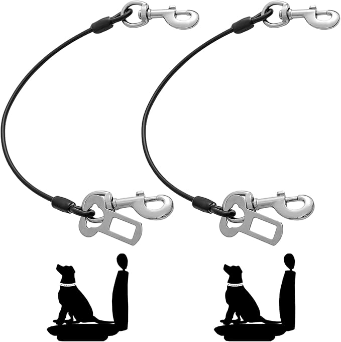 Dog Seat Belt Harness for Car,2pcs Dog Seatbelt of Coated Wire Leash Safety Restraint,No Chew Tether Cable Vehicle Dog Accessories,Double Clips & Latch (2 Pack Black, 24 inch/60 CM)