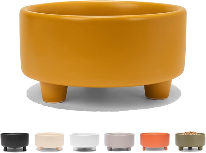 Waggo Uplift Ceramic Dog Bowl for Small Medium and Large Breeds - Heavyweight and Durable Pet Food and Water Dish Crock, Dishwasher Safe, Modern, Elevated Feeder (Mustard, Small)