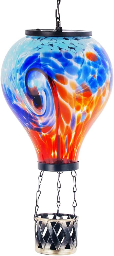 Starsoul Unique Hot Air Balloon Solar Lantern Glass Outdoor Hot Air Balloon Solar Flickering Flame Light Waterproof Hanging Solar Lantern with Big Basket for Garden Yard Patio Decor
