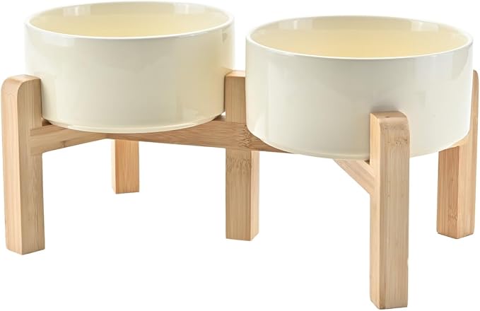 SPUNKYJUNKY Elevated Dog Bowls Ceramic, 6.1'' Dogs and Cat Food Water Bowls Raised with Non-Slip Bamboo Stand for Medium Sized Breed Microwave Dishwasher Safe - 28.7 OZ,Beige