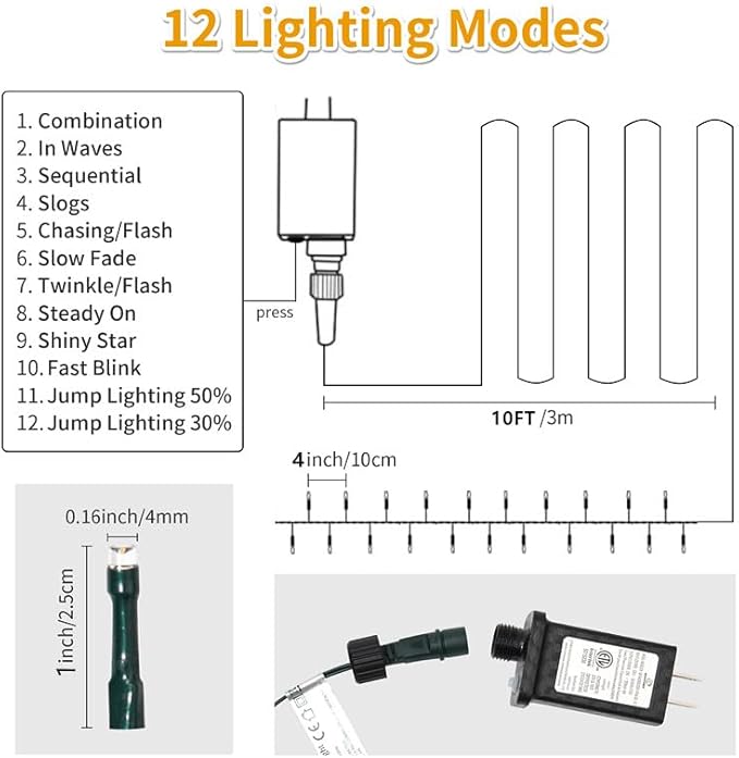 Christmas Tree Light 200 LEDs 73ft Green Cable Wire Fairy String Twinkle Lights Plug in 12 Modes for Xmas Party, Indoor, Outdoor, Garden, Wedding, Home Decoration (Warm White)