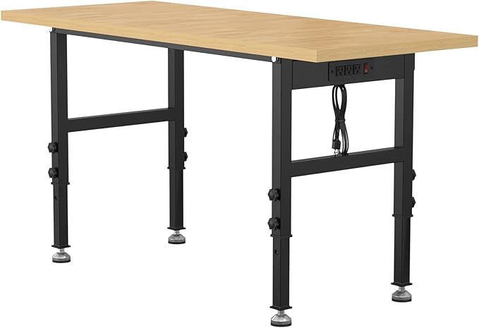 60" Adjustable Workbench,Heavy-Duty Work Table,3000 LBS Load Capacity Particleboard Hardwood Workstation Outlets with Power Strips and Fixed feet,for Workshop, Garage