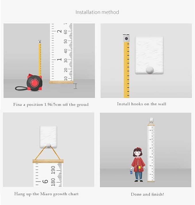 Kids Growth Chart, Wood Frame Fabric Canvas Height Measurement Ruler from Baby to Adult for Child's Room Decoration 7.9 x 79in (7.9 x 79in, Blue Dinosaur)