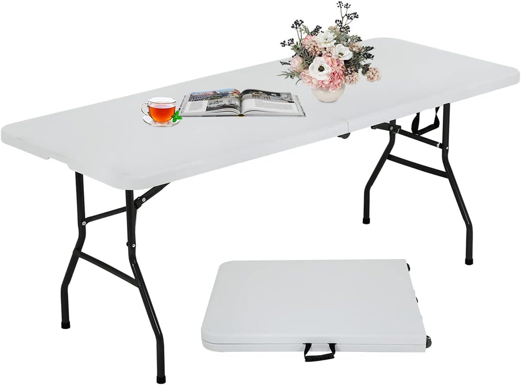 6FT Folding Table, Heavy Duty Plastic Table Portable Fold-in-Half Utility Table Indoor Outdoor Picnic Table w/Handle & Lock for Camping BBQ Party Wedding Market Events, 500LBS