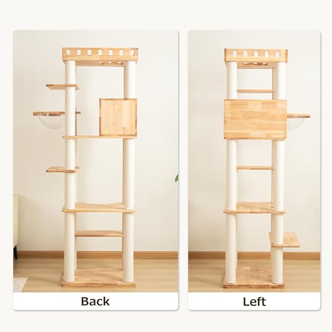 74.8" Wooden Cat Tree Tower for Large Cats, Multi-Level Cat Climbing Furniture with Scratching Posts, Cat Condo & Hammock, Natural Wood Cat Activity Center (White)
