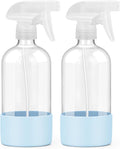 2 Pack Glass Spray Bottles with Silicone Sleeve, 16 oz Empty Refillable Containers with Adjustable Spray Nozzles, Spray Bottles for Hair, Cleaning Solutions and Plants Blue