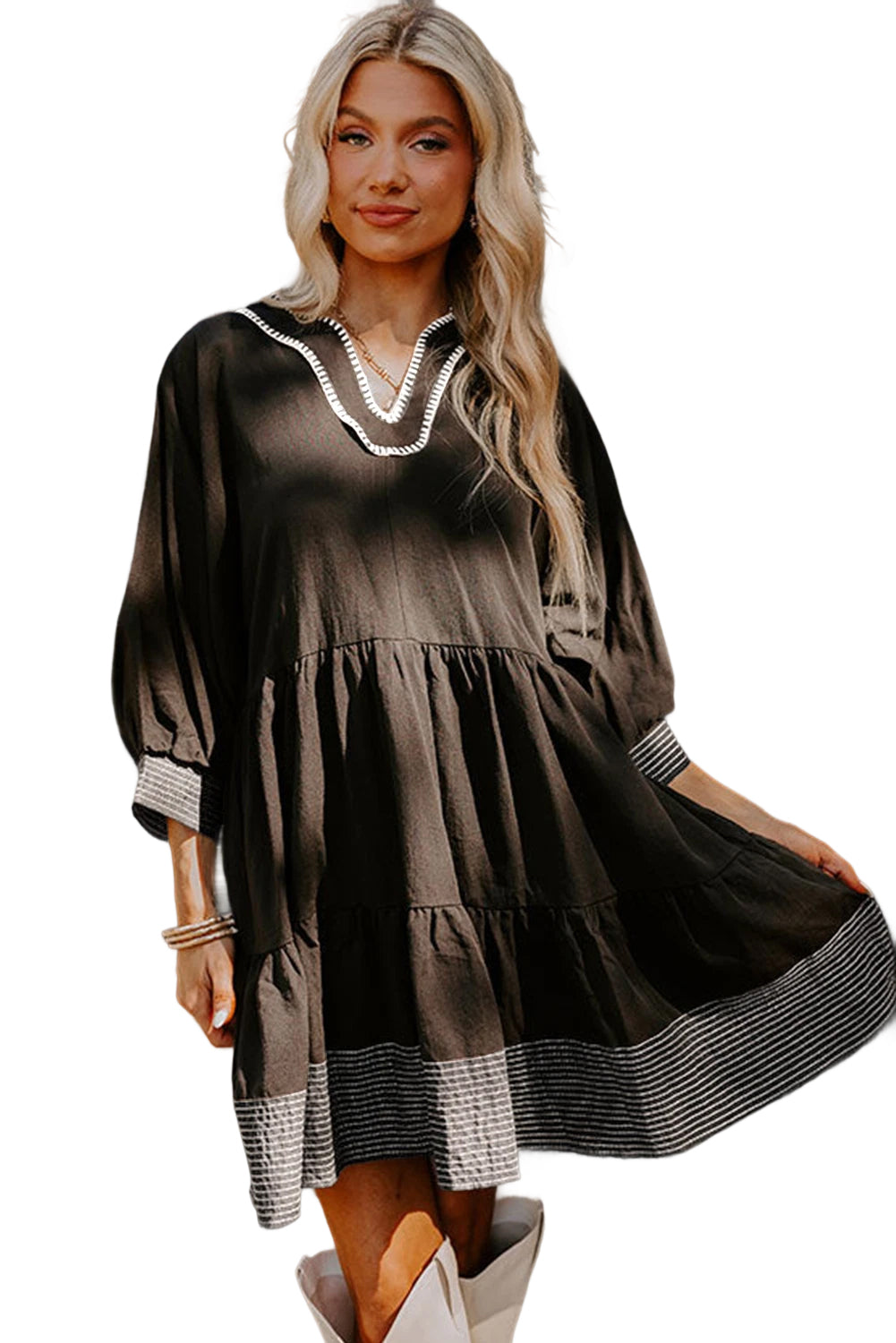 Jungle Green Contrast Stitched V Neck 3/4 Sleeve Swing Mini Dress