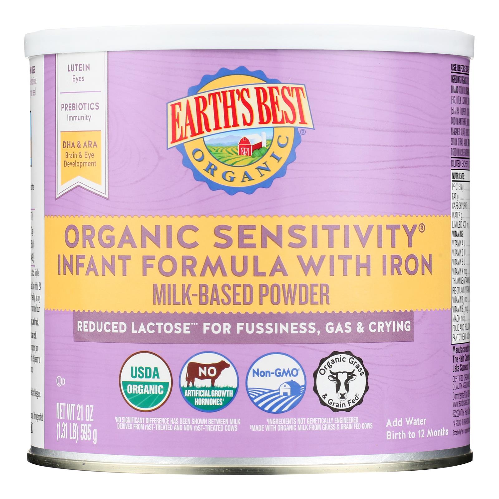 Earth's Best Organic Sensitive Infant Formula with Iron (21 oz, Pack of 4):  Reduced Lactose, USDA Organic