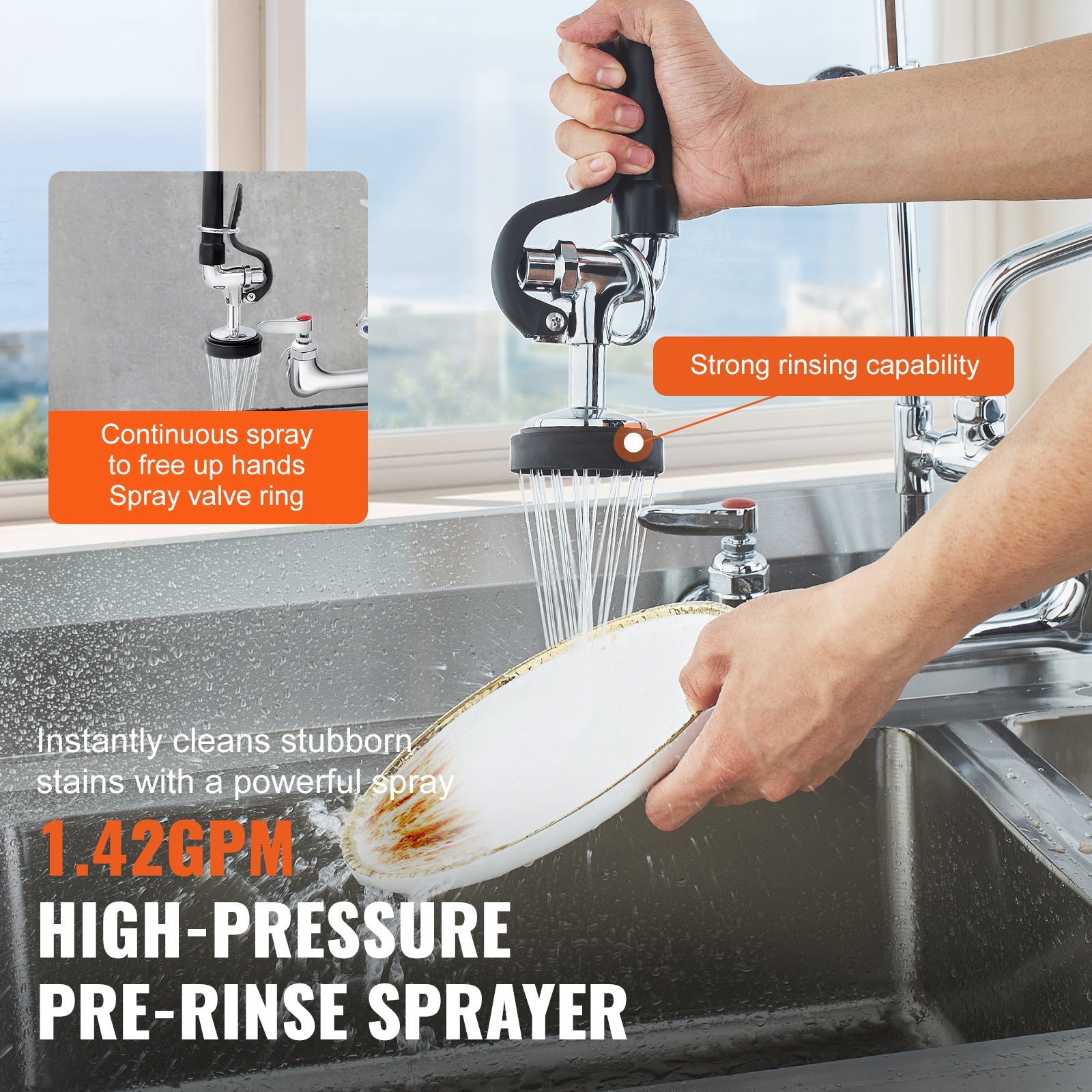 Commercial Faucet with Pre-Rinse Sprayer, 36' Height, 8' Center, 12' Swing Spout, Wall Mount Kitchen Sink Faucet, Brass Constructed Device with Pull Down Spray, for 1/2/3 Compartment Sink